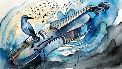 Serenade in Ink: Watercolor Symphony of Transparent Blues and Blacks"