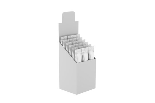 Glossy Stick Sachets With Opne Box Mockup on white background. 3d illustartion