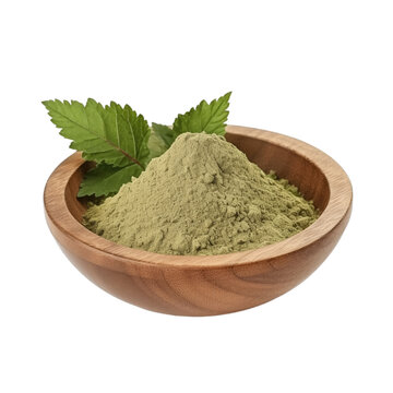 pile of finely dry organic fresh raw stinging nettle leaf powder in wooden bowl png isolated on white background. bright colored of herbal, spice or seasoning recipes clipping path. selective focus