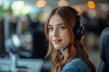 Focused female call center operator in a bustling office, adorned with a headset, diligently assisting customers on her computer.