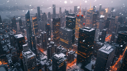 A top-down view of a metropolis under heavy snow, skyscrapers piercing through a blanket of white.