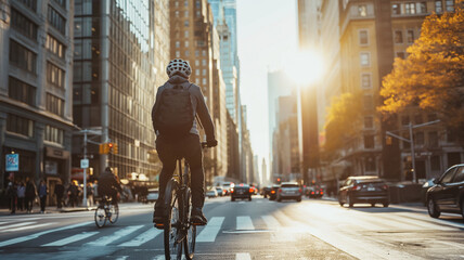 urban cyclist rides through the empty streets of the city at sunrise, with the golden light 