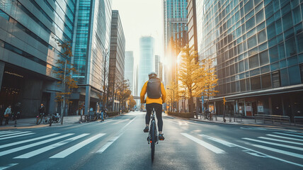 urban cyclist rides through the empty streets of the city at sunrise, with the golden light 