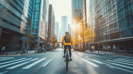 Foto op Aluminium urban cyclist rides through the empty streets of the city at sunrise, with the golden light  © Kamonwan