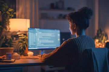  programmer is immersed in lines of code on his computer screen, illuminated only by the soft glow of a desk lamp - obrazy, fototapety, plakaty