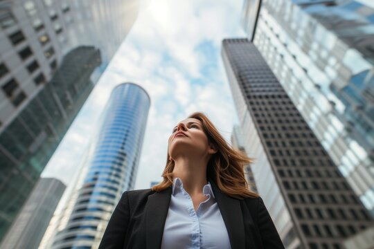 A young businesswoman stands in an urban setting and thinks of business opportunities.