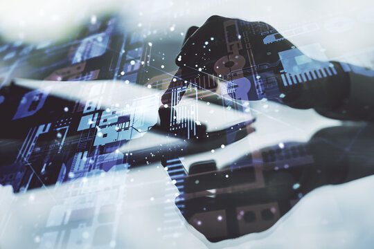 Multi exposure of abstract graphic coding sketch and hand working with a digital tablet on background, big data and networking concept