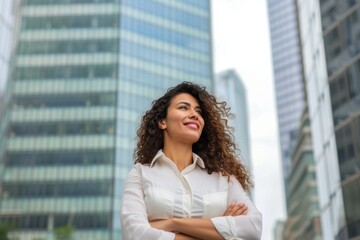 A young businesswoman stands in an urban setting and thinks of business opportunities.