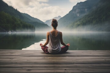 Young woman is meditating on wooden pier - obrazy, fototapety, plakaty