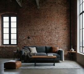 A minimalist, industrial-inspired environment with exposed brick walls and minimalist furnishings, projecting an image of urban sophistication and raw beauty