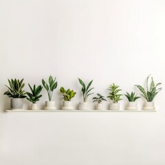 Houseplants displayed in ceramic pots on the white wall