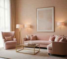 A chic, understated backdrop with soft hues and minimalist furnishings, creating a sense of refined luxury and understated opulence
