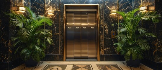 Art deco patterns and marble walls surround elegant bronze elevator doors, complemented by lush greenery in a planter.