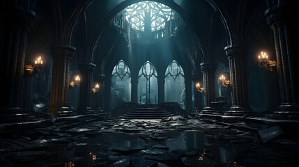 Majestic gothic dark fantasy castle hall with throne and torches, perfect for fantasy settings - obrazy, fototapety, plakaty