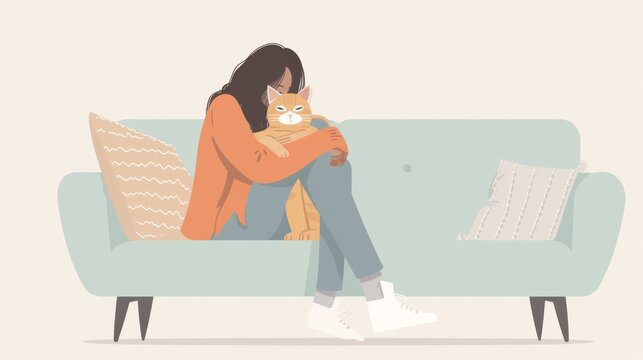 Illustration of a sad lonely woman hugging a cat wrapped in a blanket on a couch, emotional moment and support
