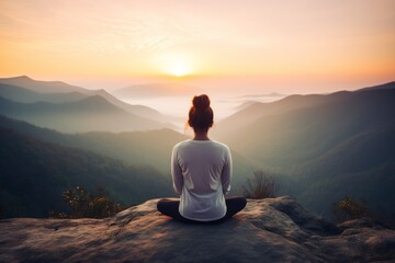 Young woman is meditating at the edge of the mountain - obrazy, fototapety, plakaty