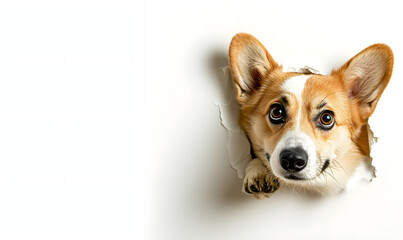 Portrait of cute corgi peeking out of a hole isolated on white background with copy space. Banner with dog peeps on above for pet shop. Pet care and animals concept for poster, ads, card.