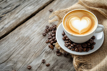 Coffee cup with heart shape latte art and coffee beans on old wood background with copy space - obrazy, fototapety, plakaty
