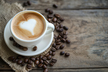 Coffee cup with heart shape latte art and coffee beans on old wood background with copy space