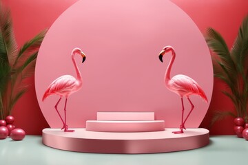 Vibrant and stylish display podium set against a tropical backdrop with elegant pink couple flamingos, ideal for captivating product presentations and promotion event with a splash of summer flair