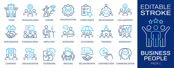 Business people line icons. Collection of team, leadership, workshop, employee, career and more. Vector illustration. Editable stroke.