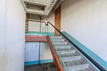 interior public place, house entrance. doors, walls, corridors staircase stairs, steps