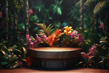 Wooden podium set in an enchanted tropical forest, surrounded by a rich tapestry of vibrant plants...
