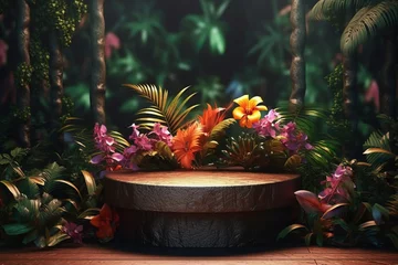 Foto op Canvas Wooden podium set in an enchanted tropical forest, surrounded by a rich tapestry of vibrant plants and flowers, capturing the essence of nature's serene beauty © MergeIdea