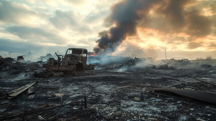 Post-apocalyptic landscape with burning debris.