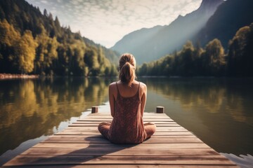Young woman is meditating on wooden pier - obrazy, fototapety, plakaty
