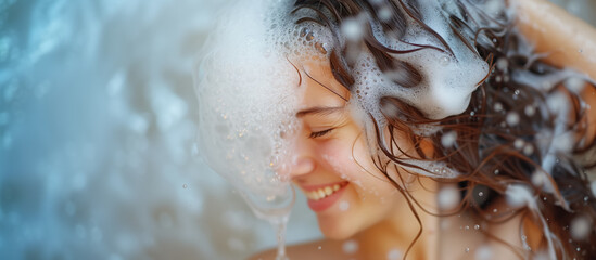 Woman smiling with shampoo foam in her hair. - obrazy, fototapety, plakaty