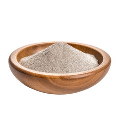pile of finely dry organic fresh raw white chia seed flour powder in wooden bowl png isolated on white background. bright colored of herbal, spice or seasoning recipes clipping path. selective focus