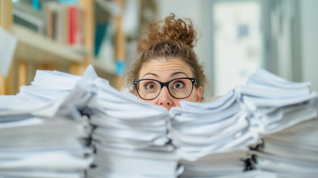 Woman peeking over a mountain of paperwork.