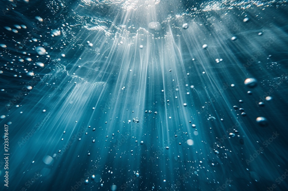 Poster aquamarine square backdrop displaying a realistic, underwater scene with bubbles and light rays