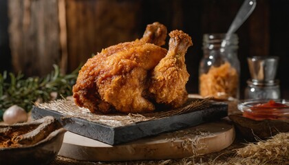 Generated image product shot of a juicy whole fried chicken, artisan, rustic, food photography, delicious, close up shot