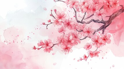 Pink watercolor illustration of cherry blossoms on a branch, Japanese style watercolor