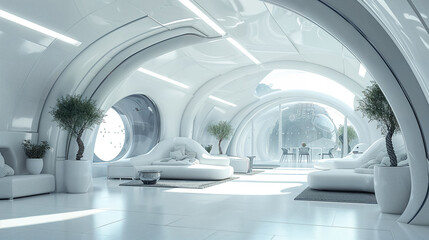 Sleek futuristic interior design, white and clean.