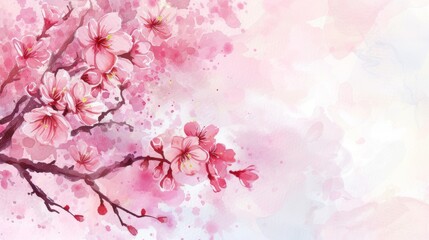 Pink watercolor illustration of cherry blossoms on a branch, Japanese style watercolor