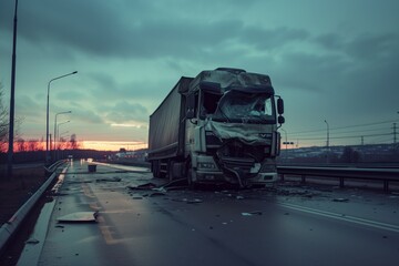 Truck accident on highway road, crashed truck