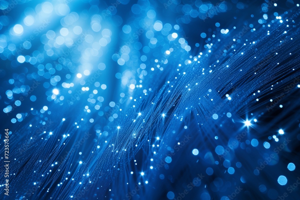 Poster luminous cobalt blue background with pulsating, fiber-optic light threads woven throughout