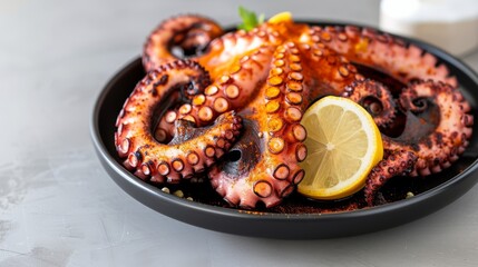 Grilled octopus with lemon slices and basil on a dark plate and gray surface.
