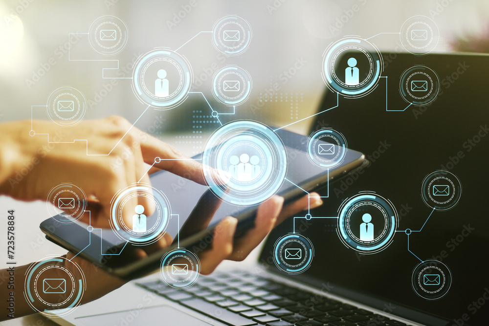 Poster social network media concept with finger presses on a digital tablet on background. double exposure
