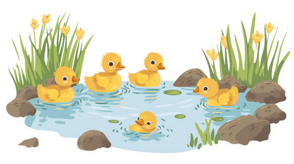 Ducklings swimming in a serene pond.