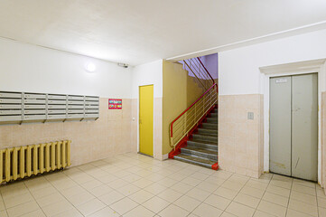 interior public place, house entrance. doors, walls, corridors staircase