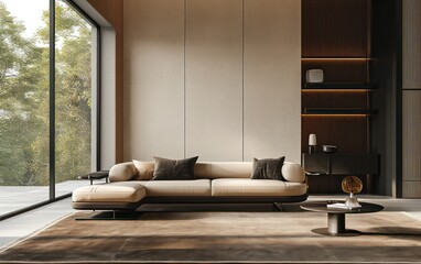 Modern living room  with thin black lines against warm brown tones design.