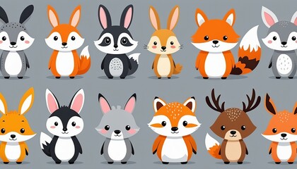 Fototapeta premium Cute Cartoon Hand Drawn Animals Collection in Modern Flat Style Vector