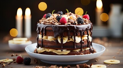 Obraz na płótnie Canvas Chocolate cake with thick frosting and raspberries