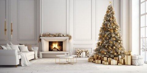 Stylishly adorned Nordic room with modern fireplace, Christmas tree, and gold and white decorations.