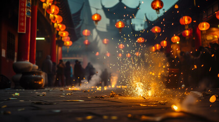 The Chinese New Year festival involves setting off firecrackers on the day of the festival. - obrazy, fototapety, plakaty