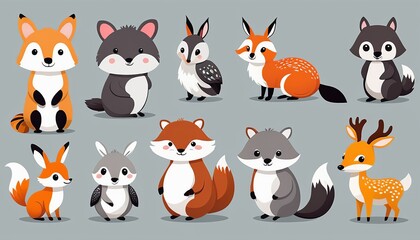 Modern Flat Style Vector of Cute Cartoon Hand Drawn Animals